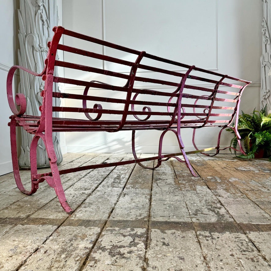 Early Victorian Scroll Arm Wrought Iron Pink Bench of Exceptional Proportions