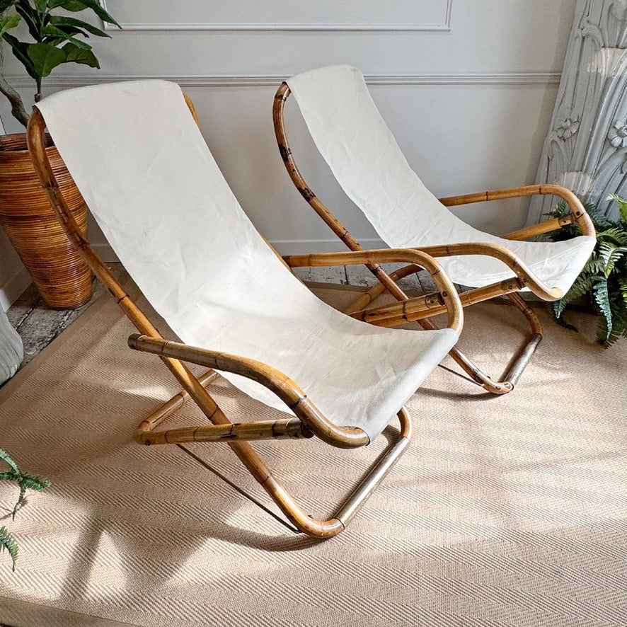 Pair of Vintage Folding Bamboo Deck Chairs 1960's Italian