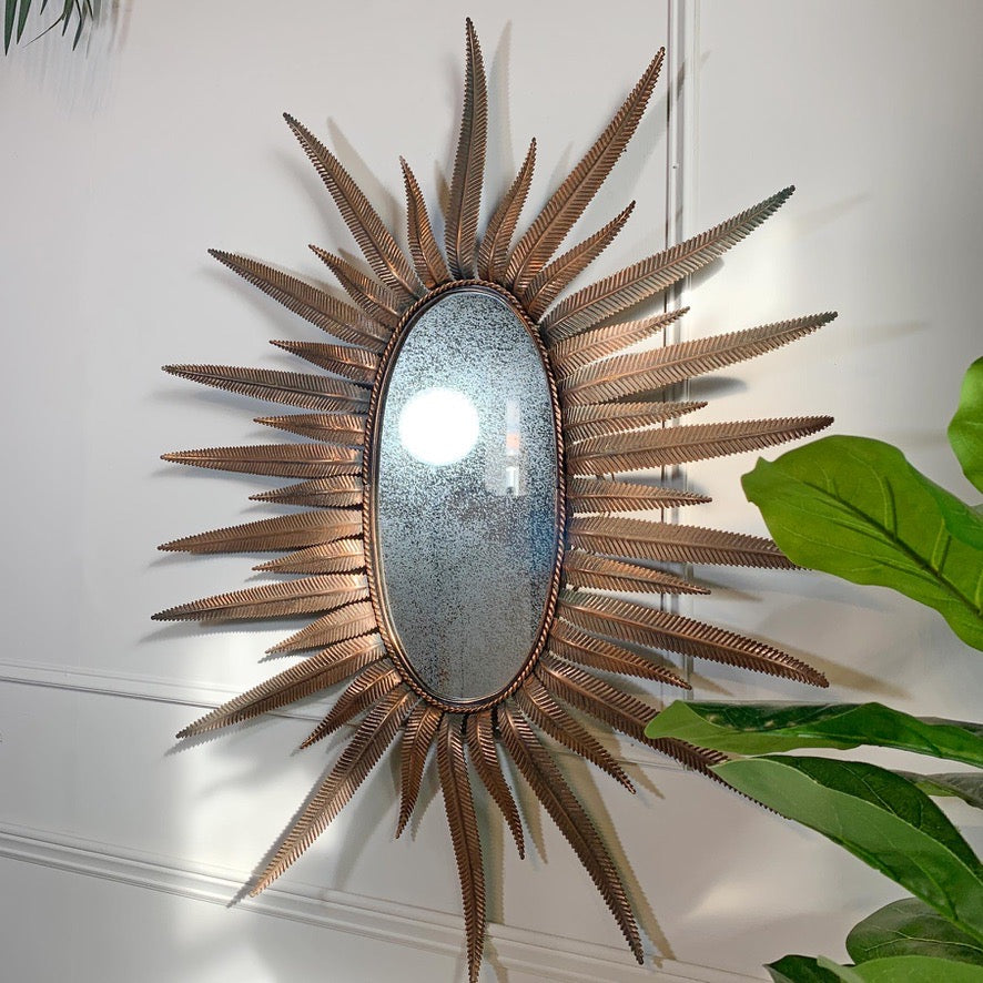 1970's Italian Copper Feathered Sunburst Mirror