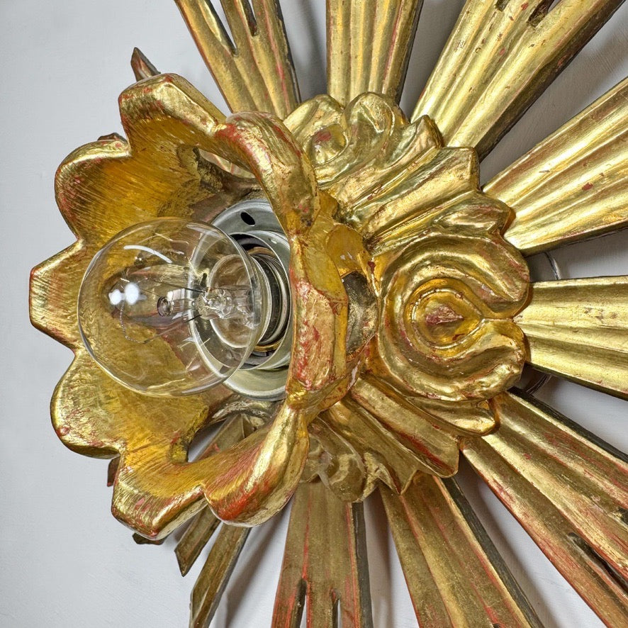 Antique Water Gilt Wood Chapel Sunburst Flush Light