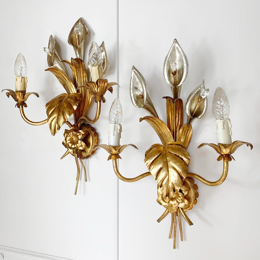 Pair of Hans Kogl Gold & Silver Calla Lily Wall Sconce, C 1970'S