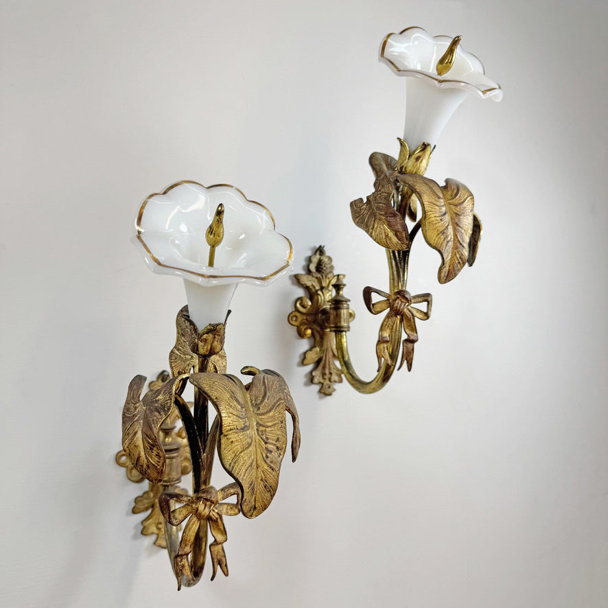 RW Winfield Art Nouveau Opaline and Brass Flower Wall Sconces 1845