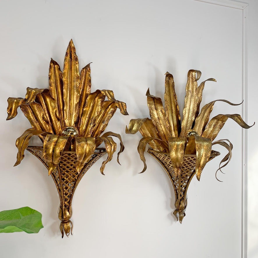 Pair of Italian Gilt Tole Palm Leaf and Coronet Wall Lights
