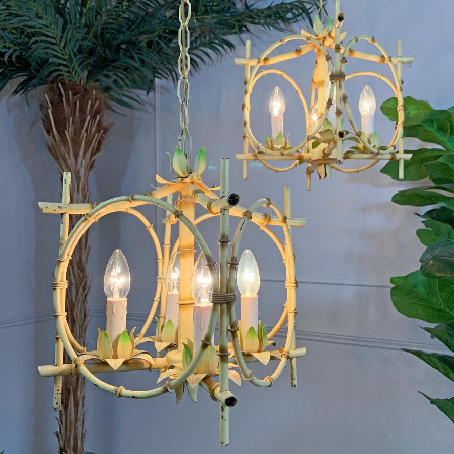Pair of Faux Bamboo Pagoda Chandeliers Italy 1950's
