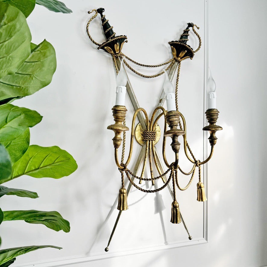 An Outstanding 1950's Italian Cross Sword and Gilt Rope Tassel Wall Light