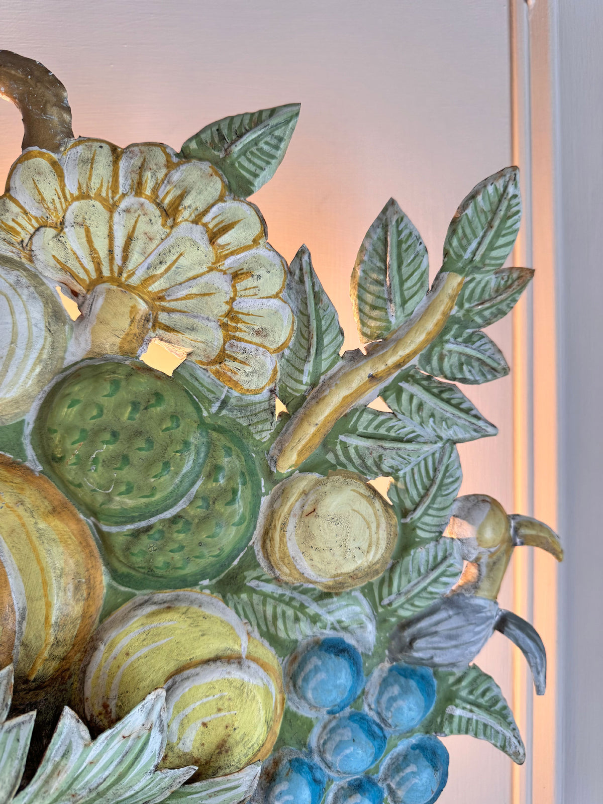 1950's French Toleware Polychrome Painted Basket of Fruit and Flowers Wall Light