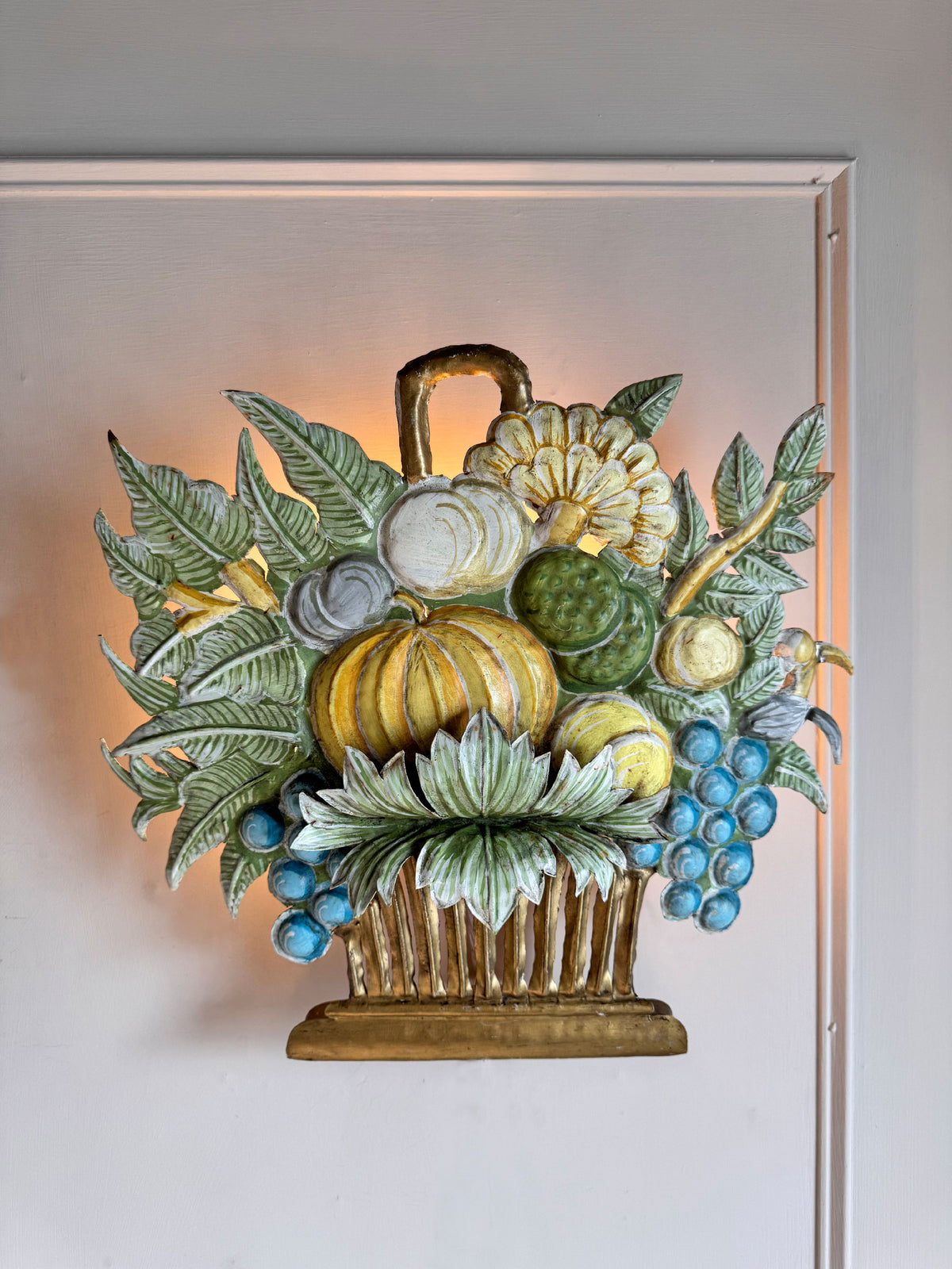 1950's French Toleware Polychrome Painted Basket of Fruit and Flowers Wall Light