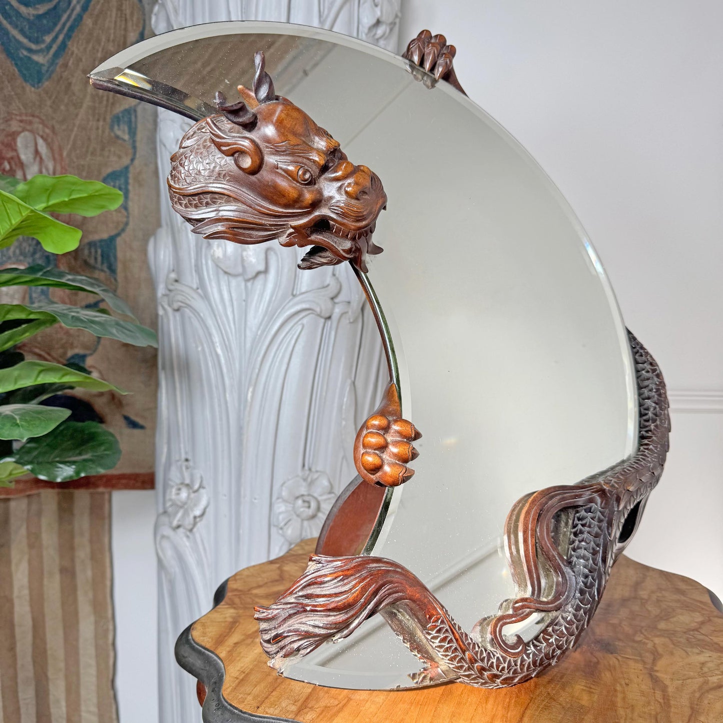 Gabriel Viardot 19th Century Carved Wooden Dragon Crescent Mirror