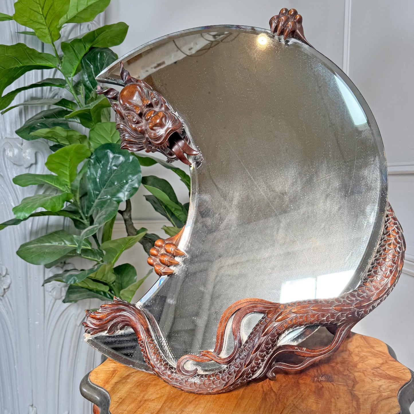 Gabriel Viardot 19th Century Carved Wooden Dragon Crescent Mirror