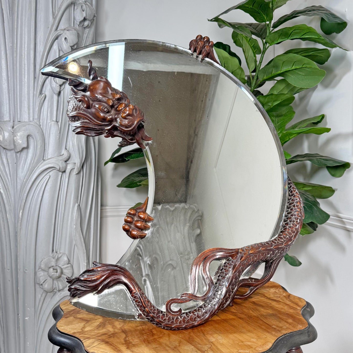 Gabriel Viardot 19th Century Carved Wooden Dragon Crescent Mirror