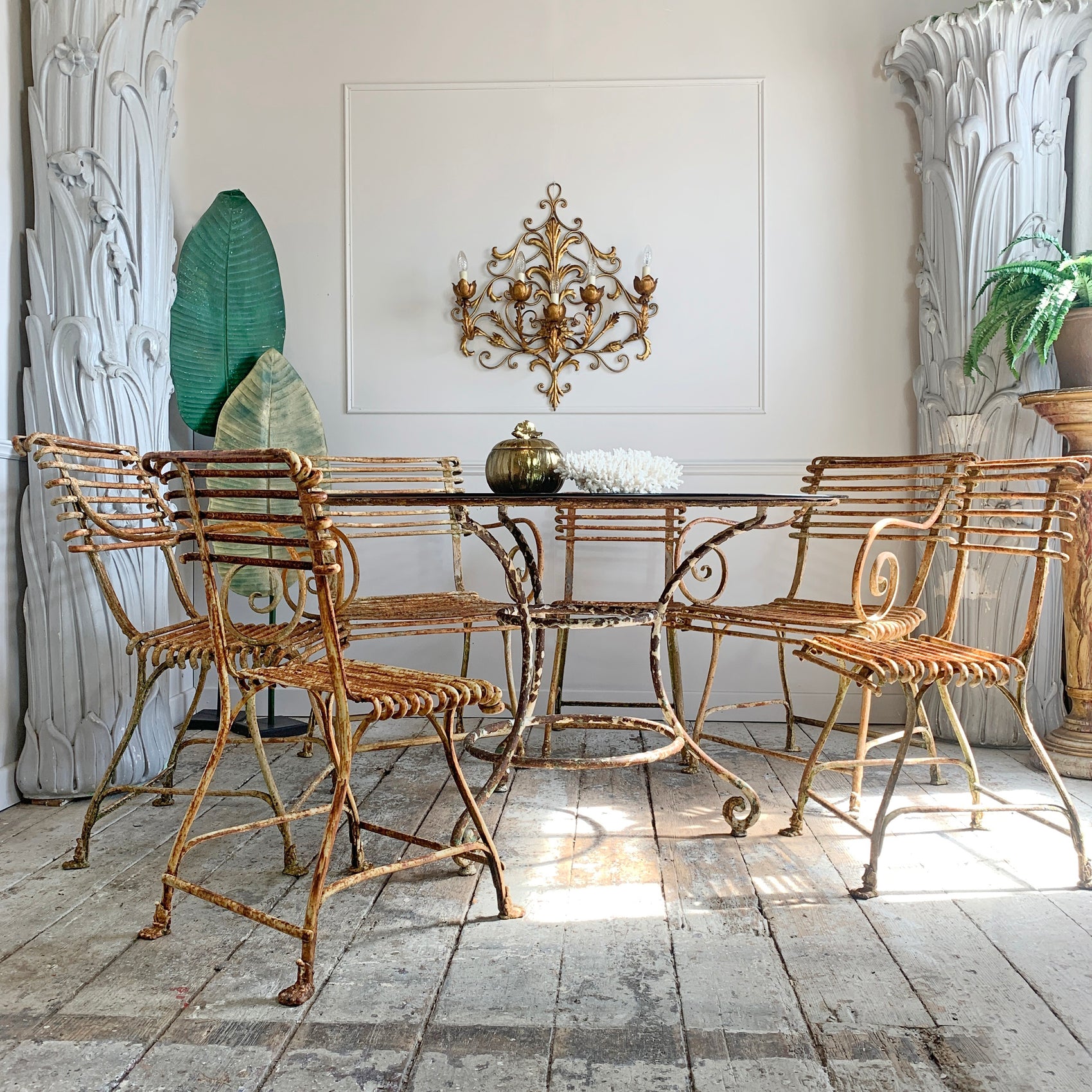 19th Century Large French Wrought Iron Table with Glass Top