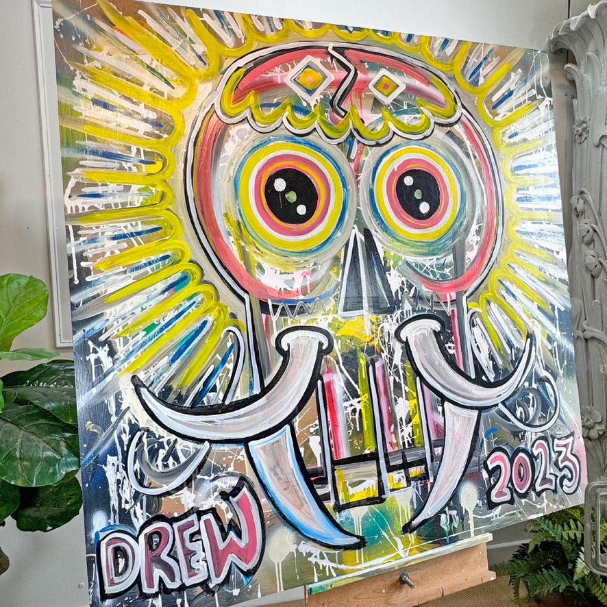 A colorful graffiti-style painting of a skull with large eyes and curved tusks, by Drew outsider artist, shown hanging on a wall in an indoor setting. The artwork includes the text 'DREW' and '2025' and is photographed against a white wall with plants and furniture partially visible.