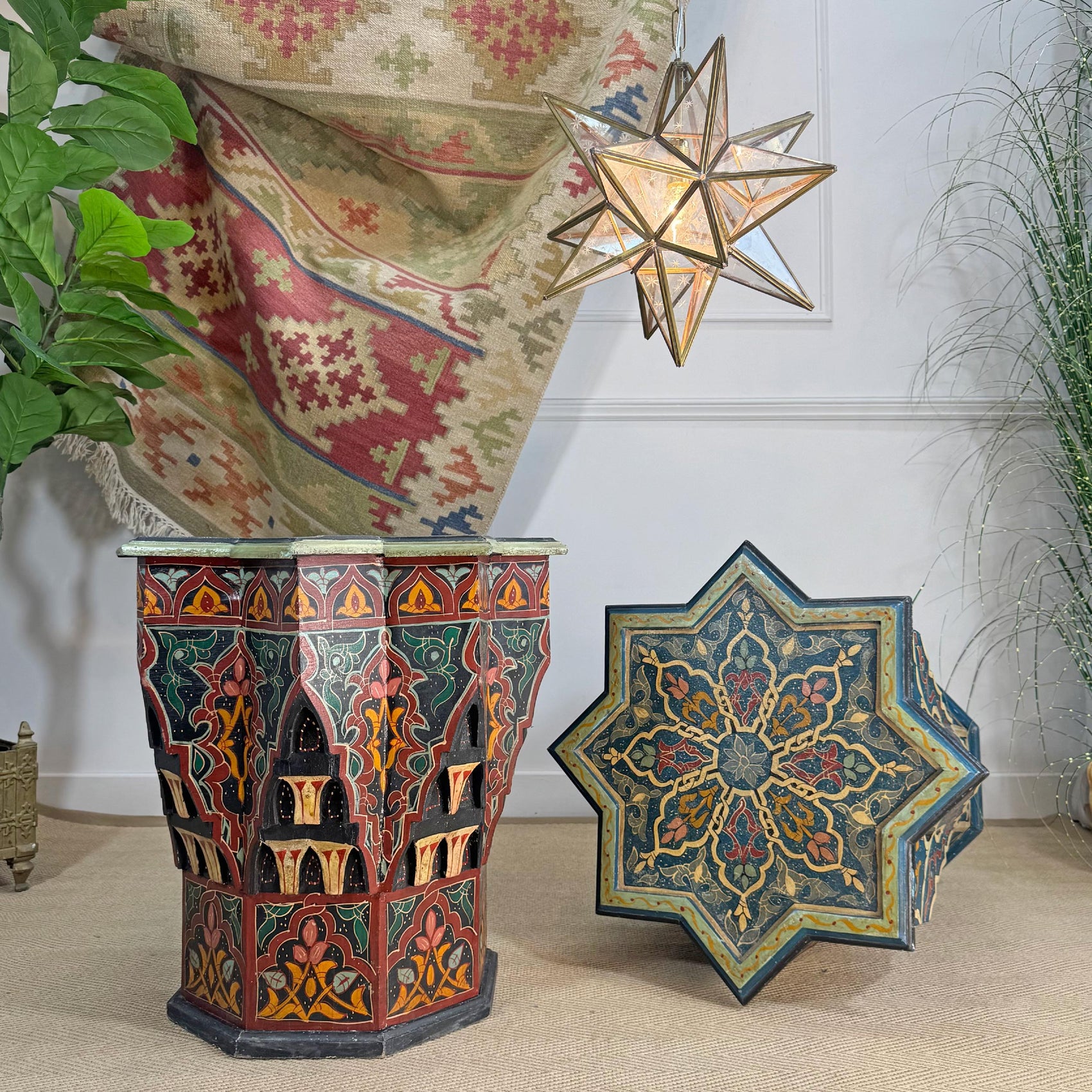 Mid Century Moroccan Painted Red Wooden Star Table