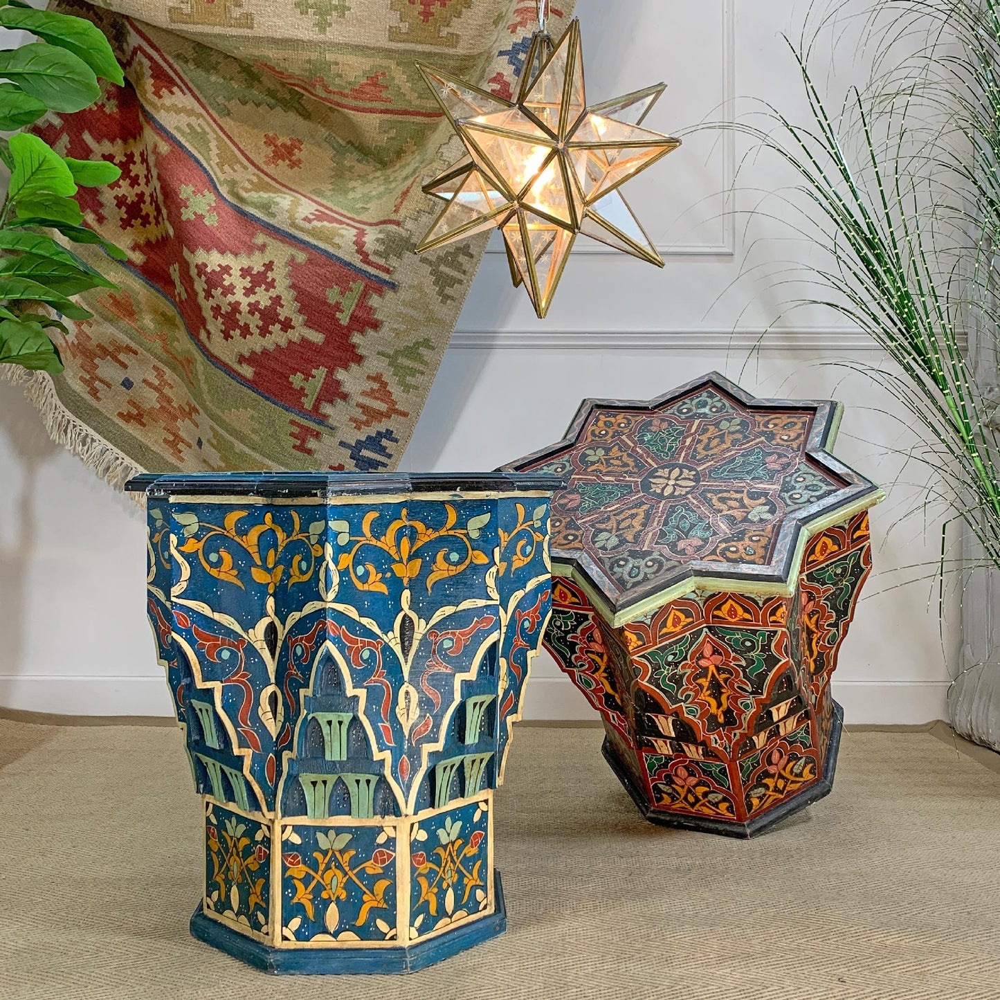 Mid Century Moroccan Painted Red Wooden Star Table