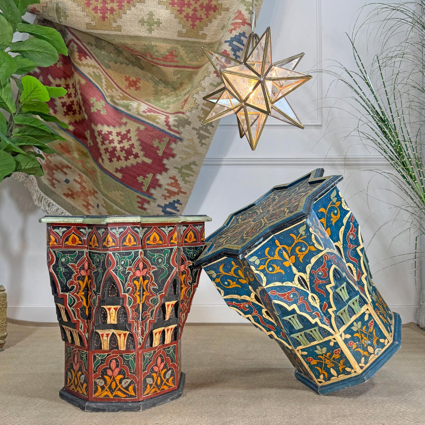 Mid Century Moroccan Painted Red Wooden Star Table