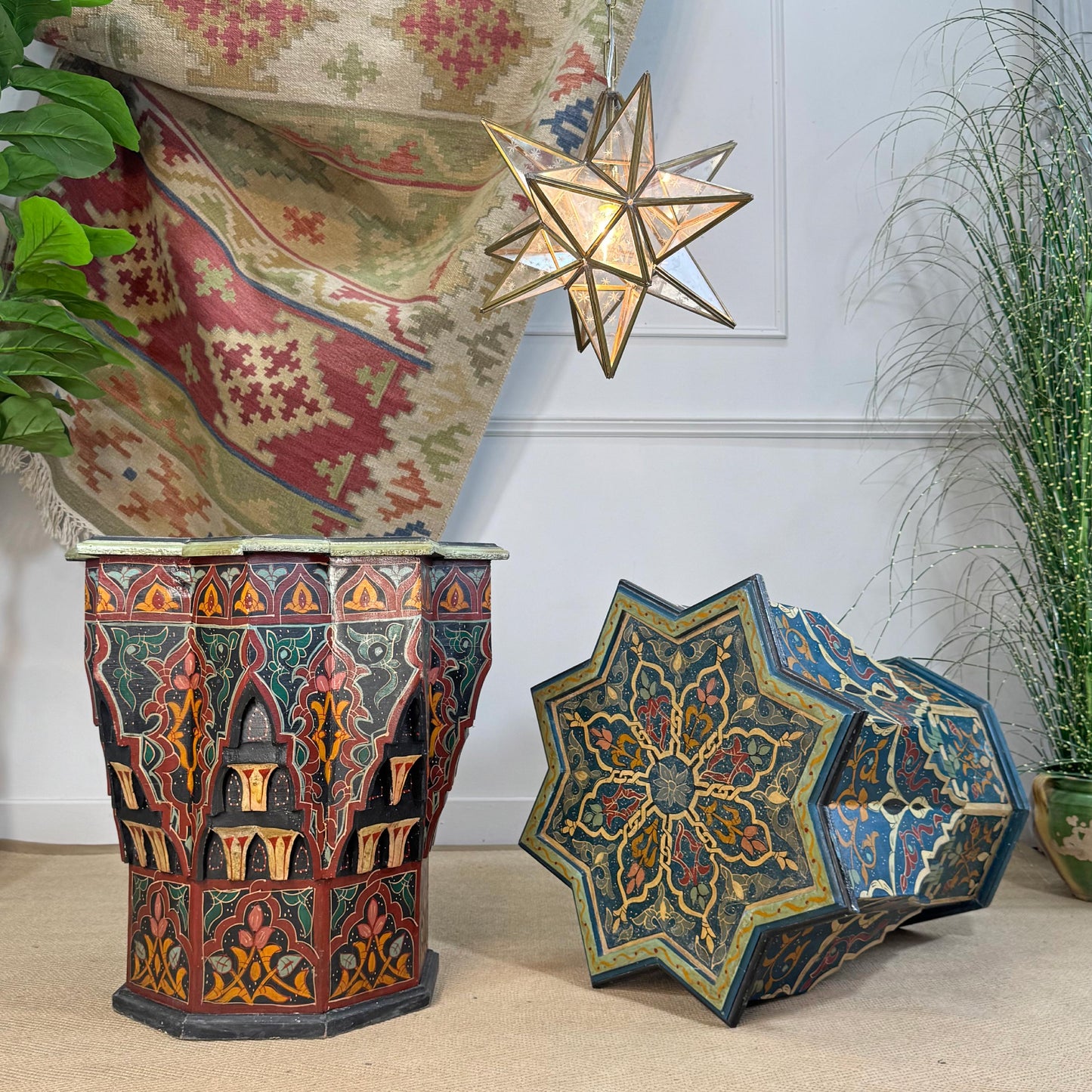 Mid Century Moroccan Painted Red Wooden Star Table
