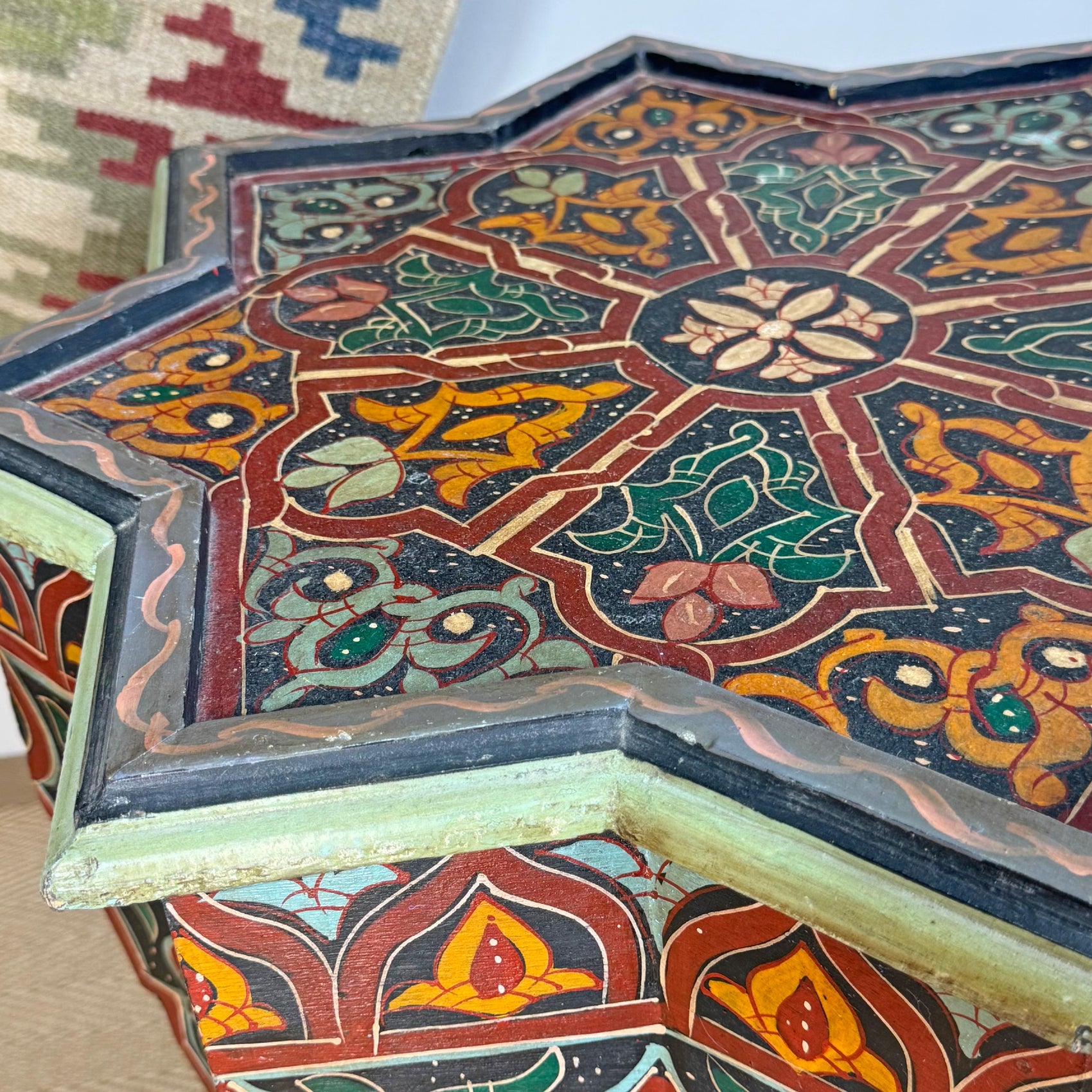 Mid Century Moroccan Painted Red Wooden Star Table