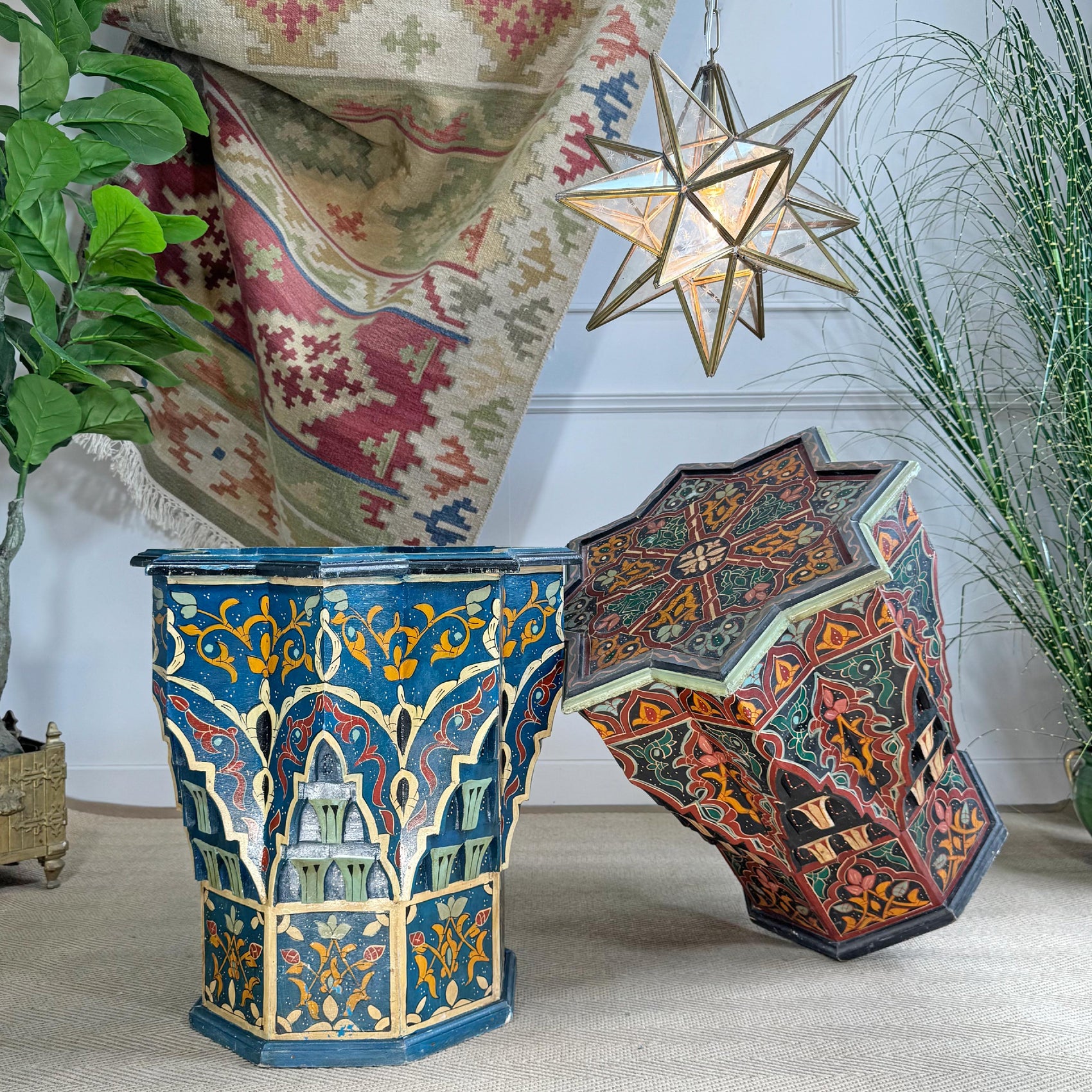 Mid Century Moroccan Painted Red Wooden Star Table