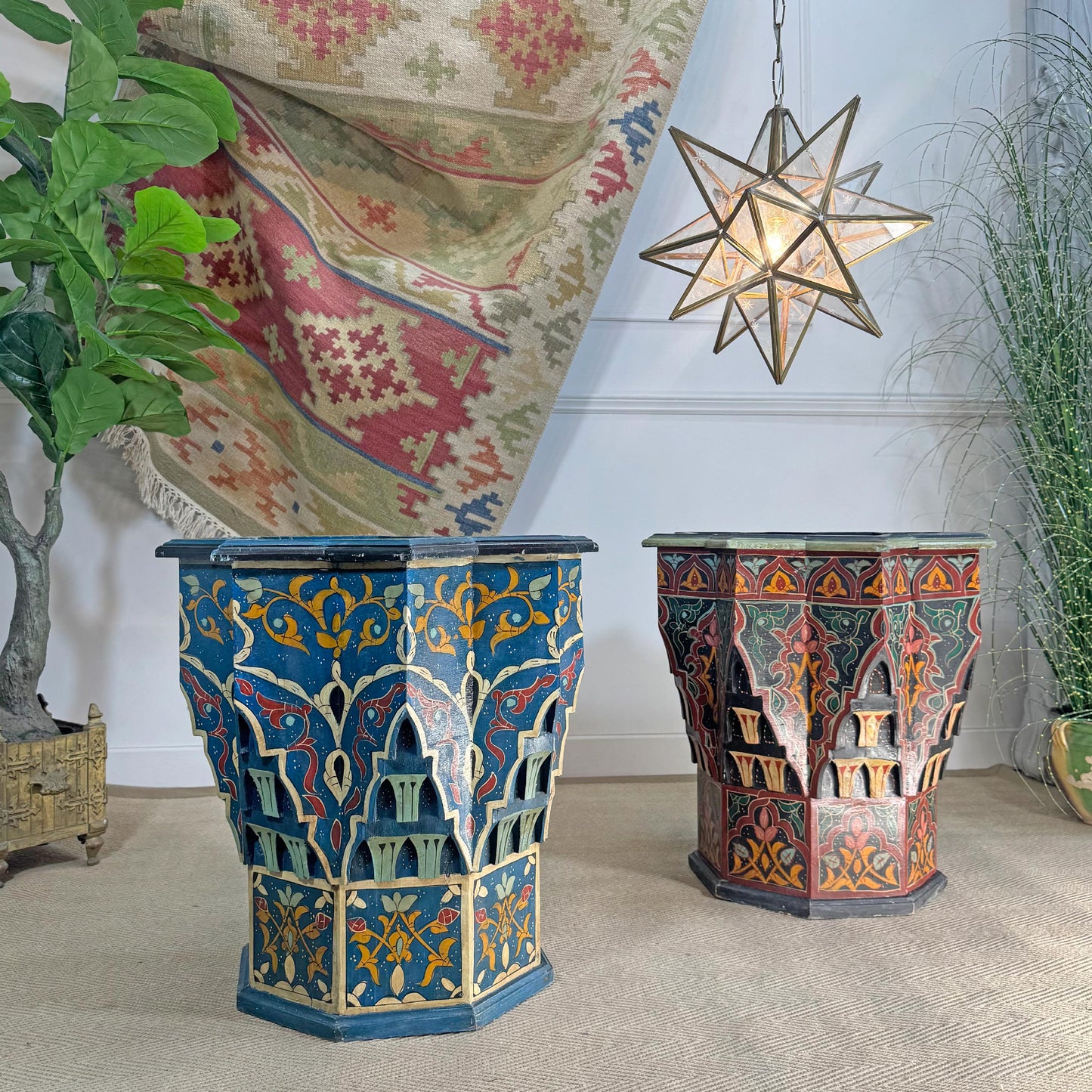 Mid Century Moroccan Painted Red Wooden Star Table