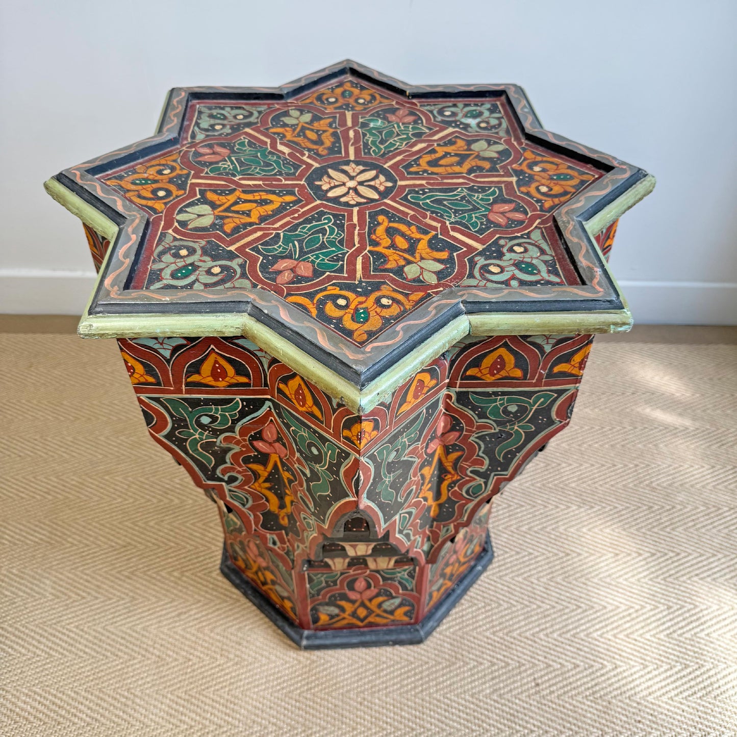 Mid Century Moroccan Painted Red Wooden Star Table