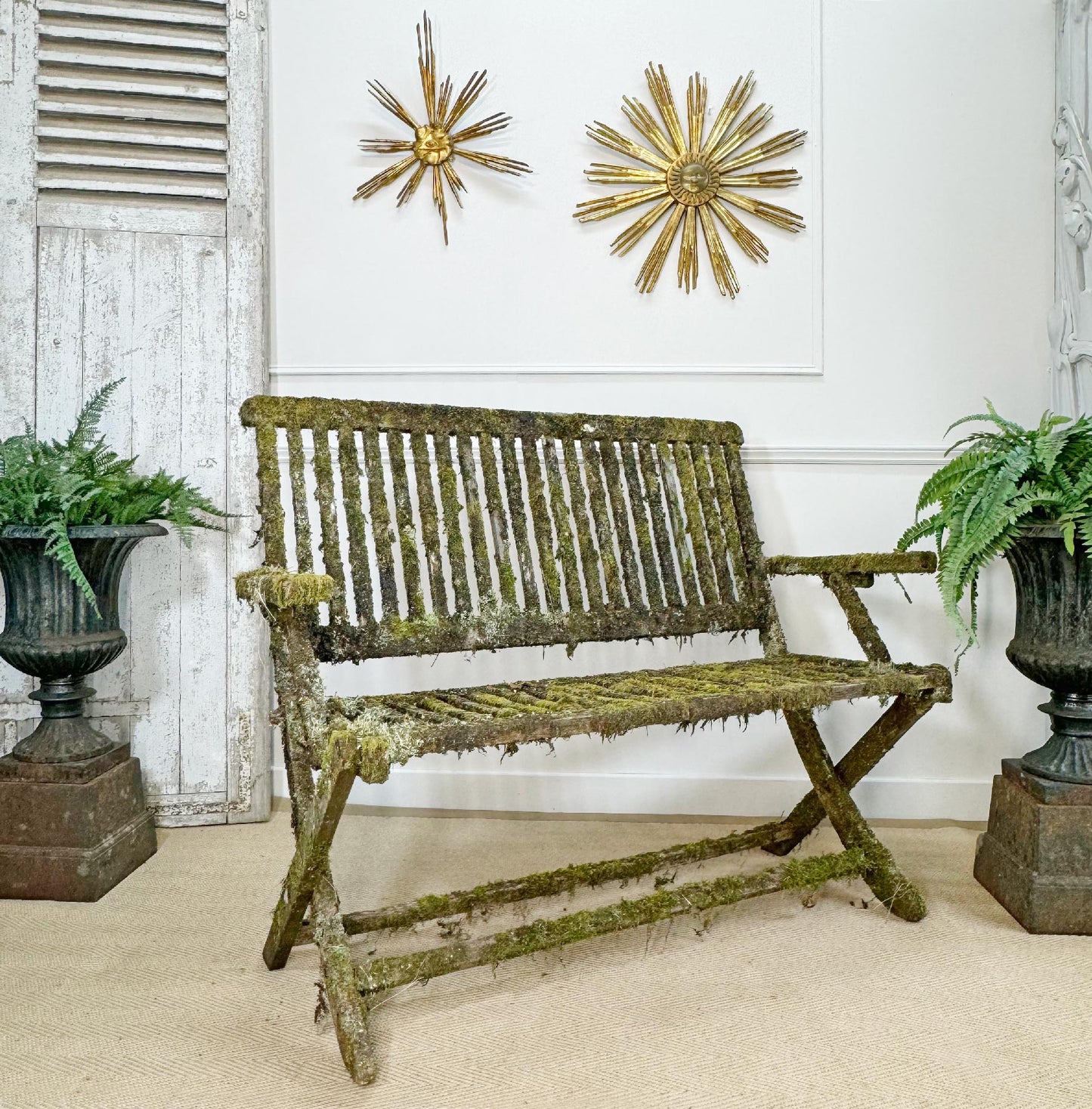 Mossy Folding Wooden Garden Bench vintage