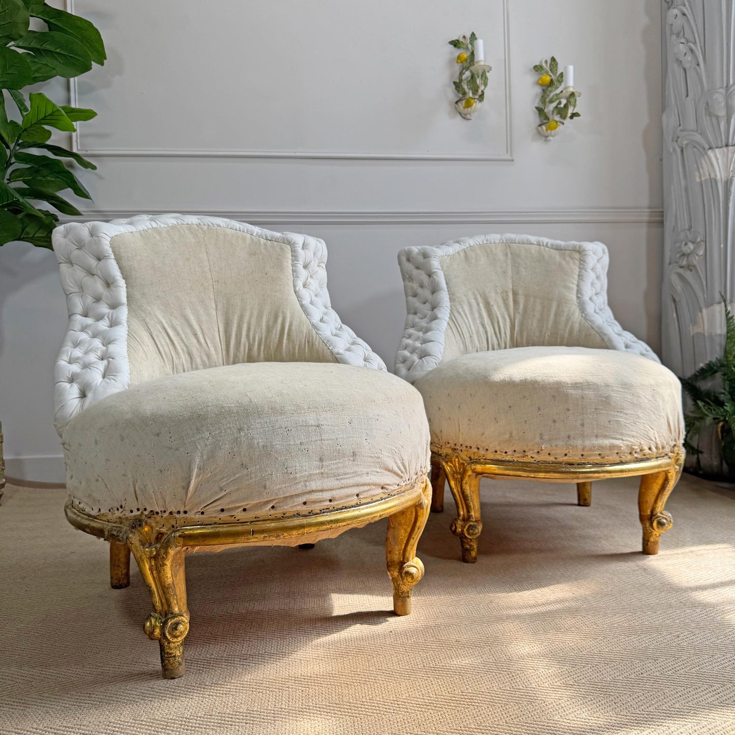 Pair of Napoleon III 19th Century French Giltwood Crapaud (toad) Chairs