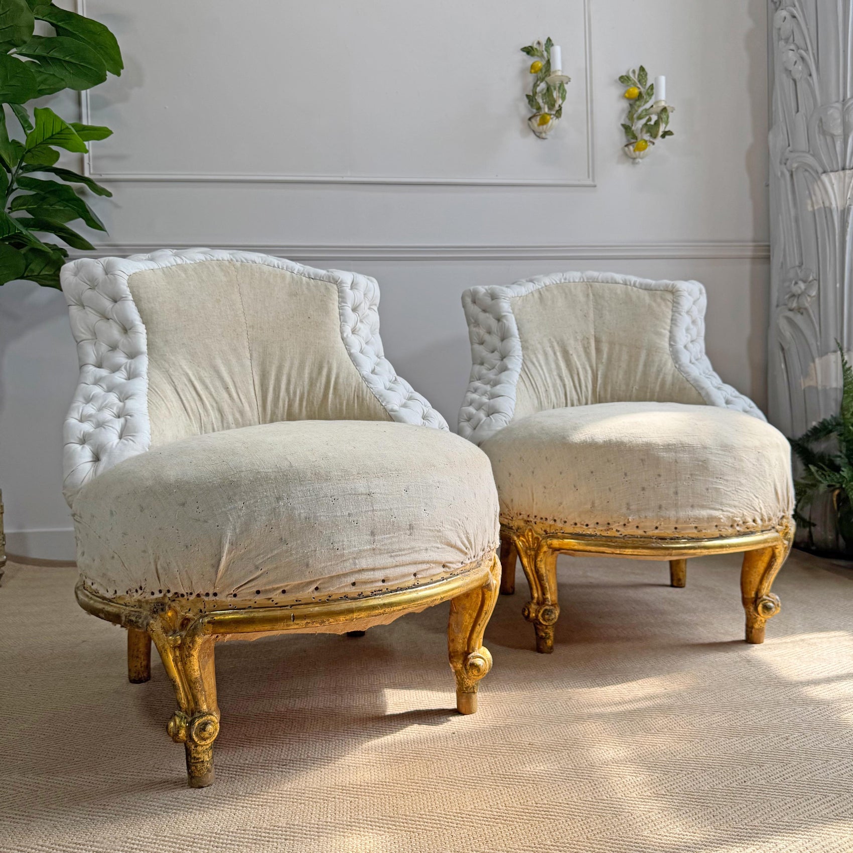 Pair of Napoleon III 19th Century French Giltwood Crapaud (toad) Chairs