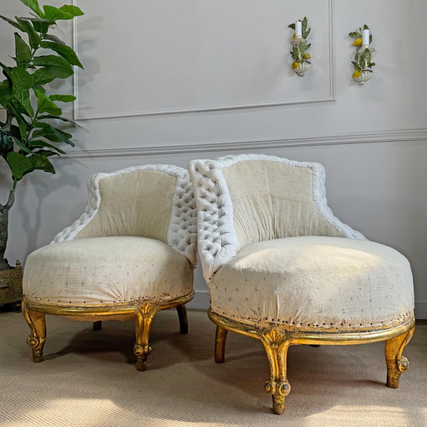 Pair of Napoleon III 19th Century French Giltwood Crapaud (toad) Chairs