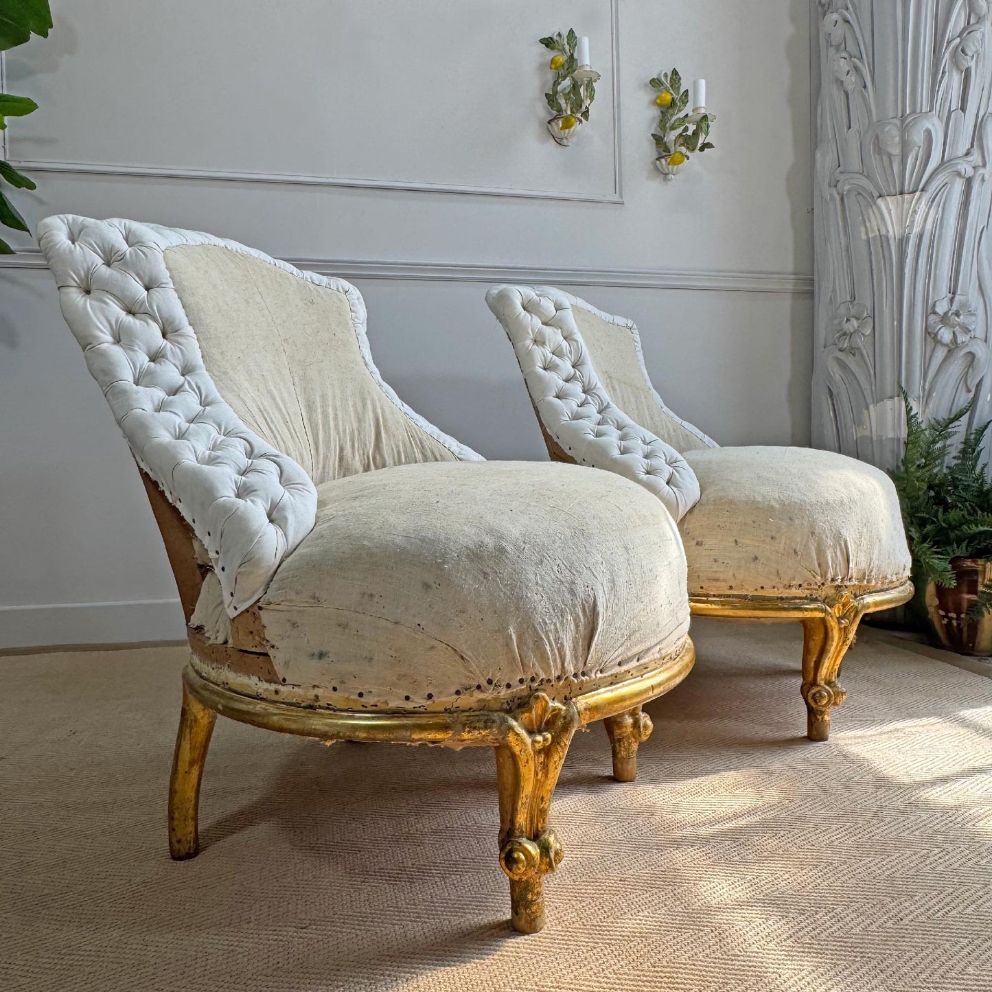Pair of Napoleon III 19th Century French Giltwood Crapaud (toad) Chairs