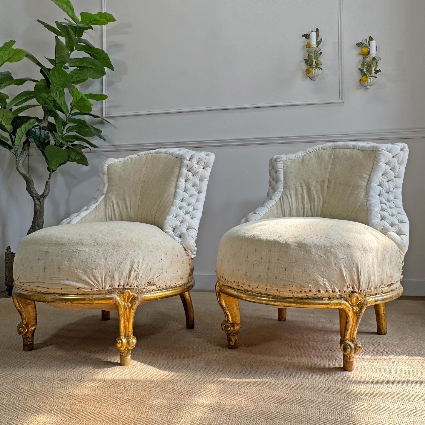 Pair of Napoleon III 19th Century French Giltwood Crapaud (toad) Chairs