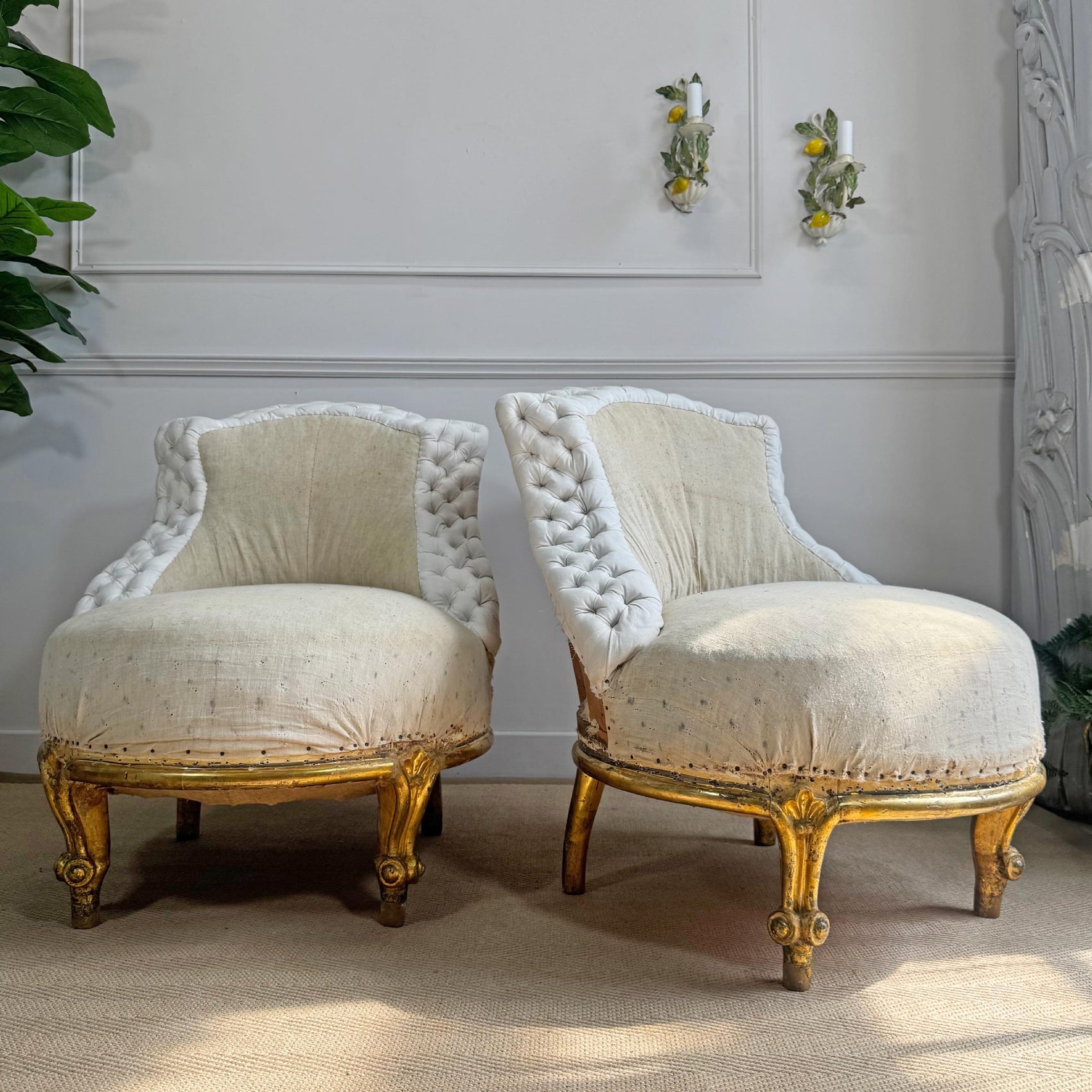 Pair of Napoleon III 19th Century French Giltwood Crapaud (toad) Chairs