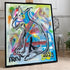 A framed abstract canvas painting featuring a stylized dog silhouette in black outline over a vibrant multicolor background with paint drips and graffiti-style elements. The canvas is signed &