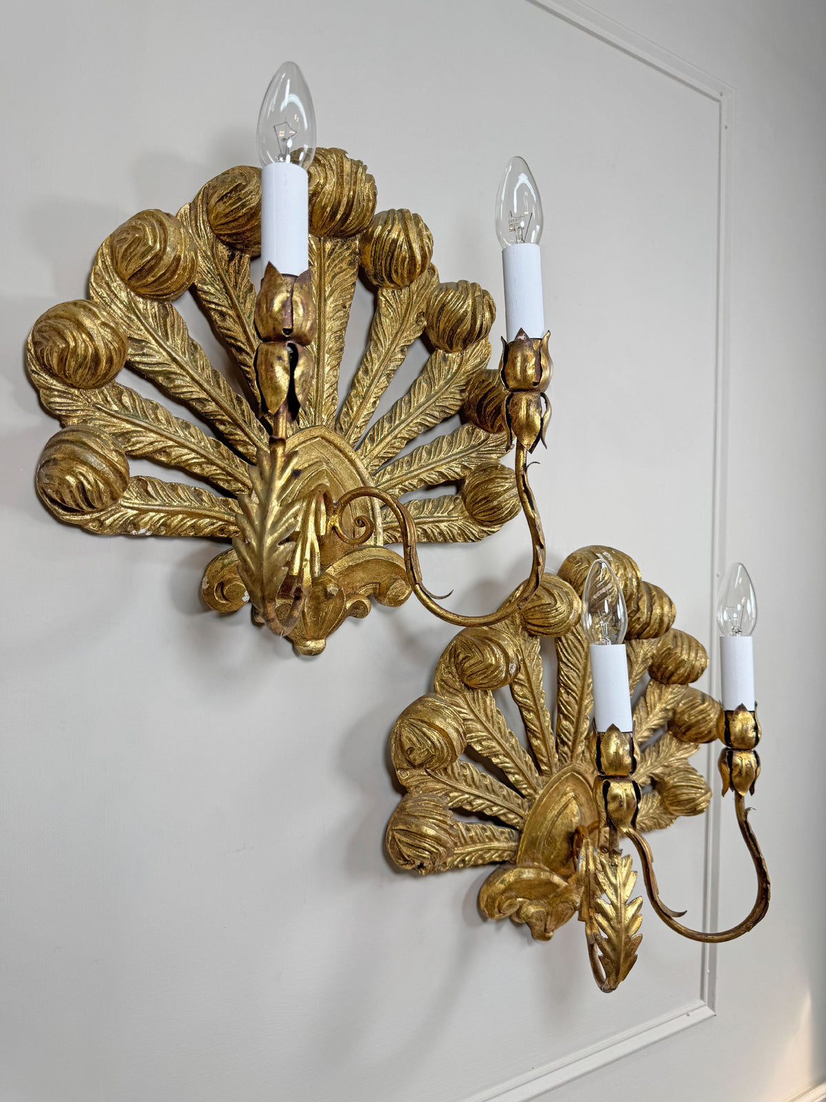Stunning Pair of Large Ostrich Feather Plume Giltwood Wall Lights Italian 1950's