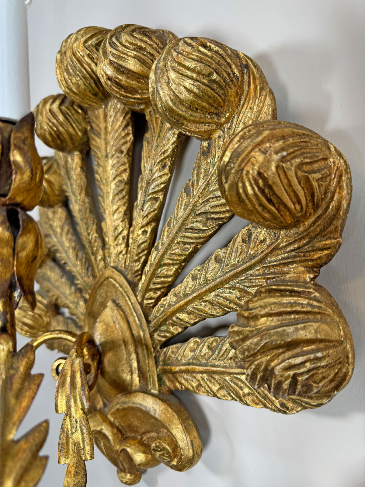 Stunning Pair of Large Ostrich Feather Plume Giltwood Wall Lights Italian 1950's