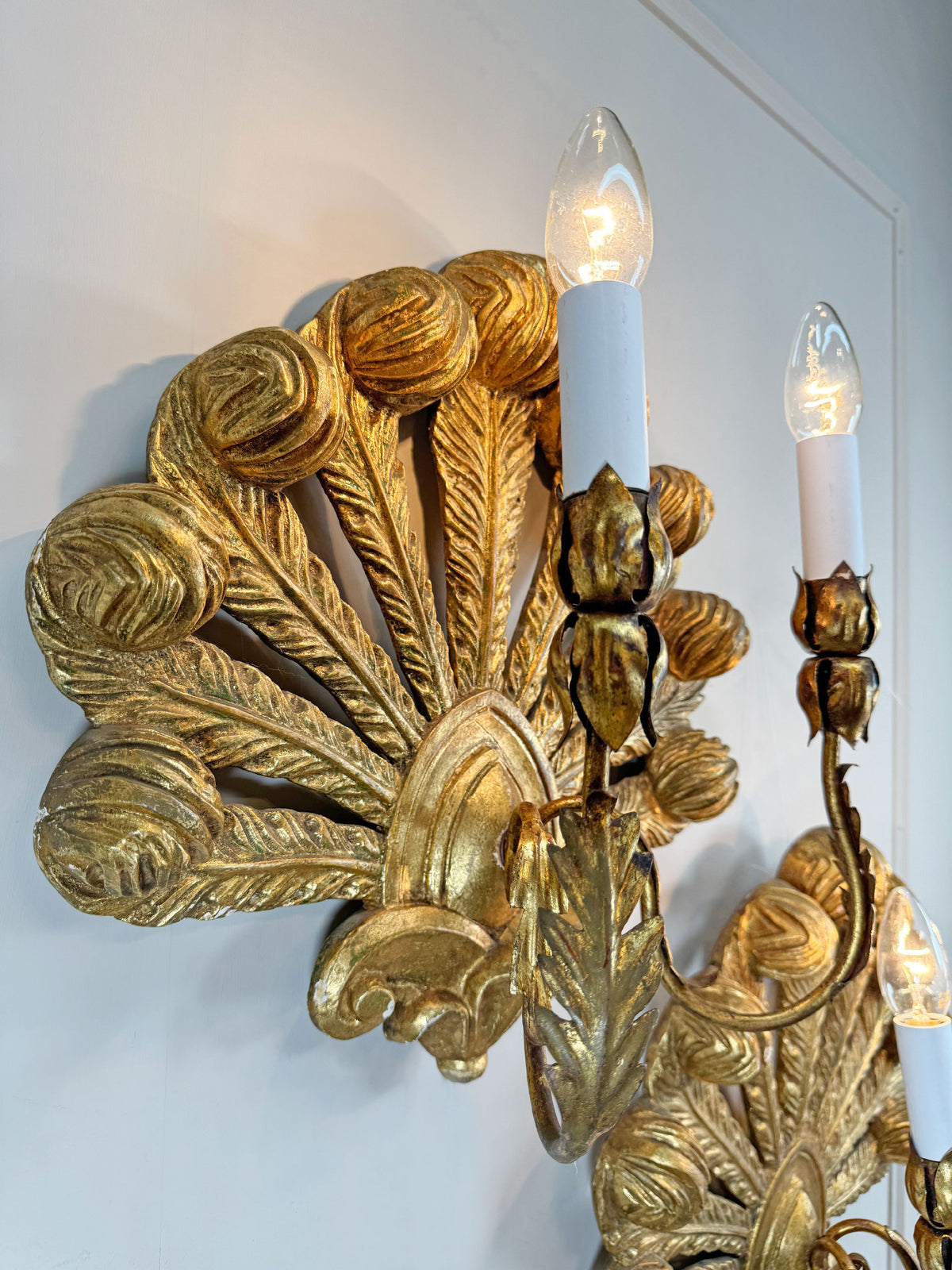 Stunning Pair of Large Ostrich Feather Plume Giltwood Wall Lights Italian 1950's