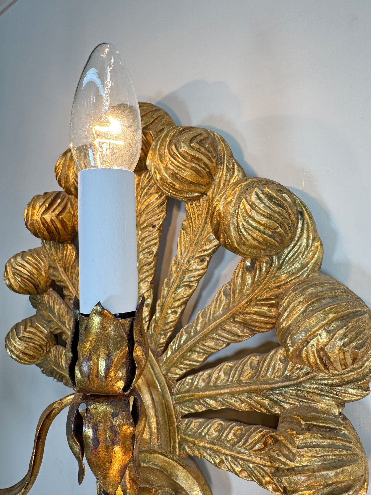 Stunning Pair of Large Ostrich Feather Plume Giltwood Wall Lights Italian 1950's