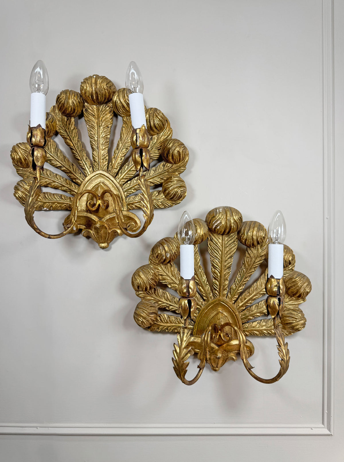 Stunning Pair of Large Ostrich Feather Plume Giltwood Wall Lights Italian 1950's