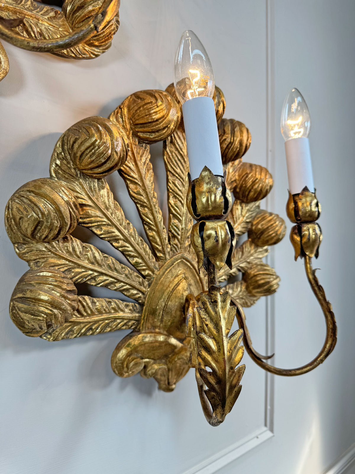 Stunning Pair of Large Ostrich Feather Plume Giltwood Wall Lights Italian 1950's