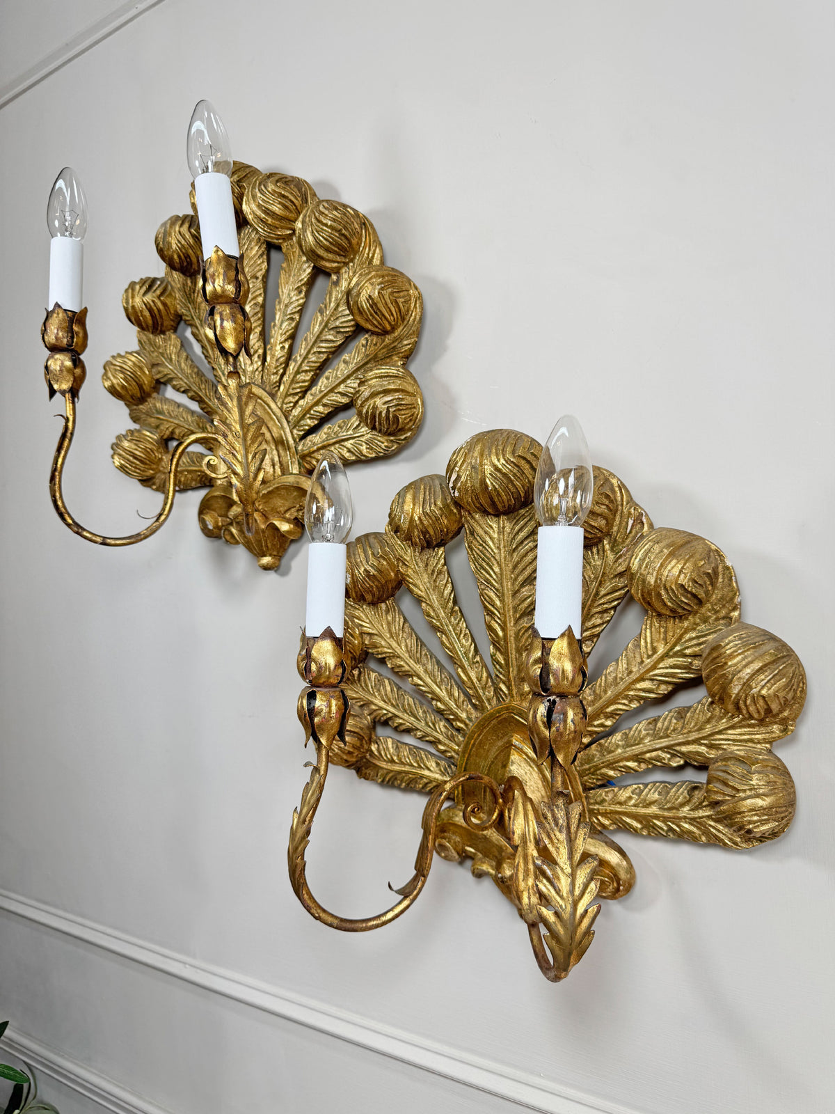Stunning Pair of Large Ostrich Feather Plume Giltwood Wall Lights Italian 1950's