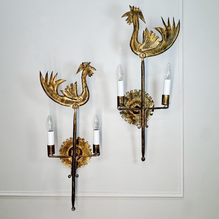 Vintage Pair of Jean Touret Cockerel Wall Lights for Ateliers de Marolles