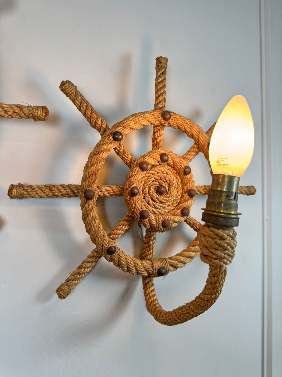 Audoux Minet an Exceptionally Rare Pair of Ships Wheel Rope Wall Lights France 1960's