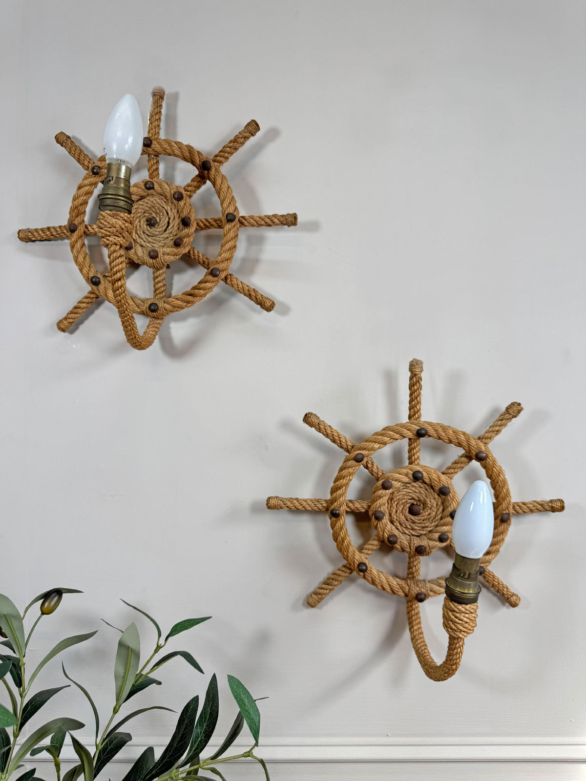Audoux Minet an Exceptionally Rare Pair of Ships Wheel Rope Wall Lights France 1960's