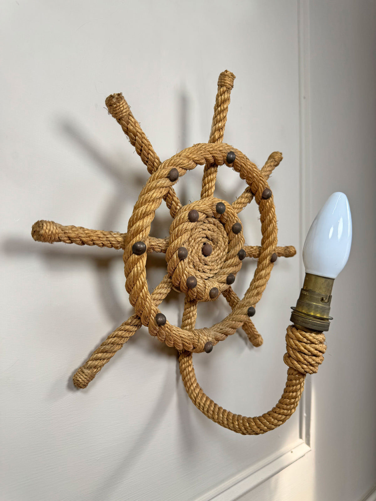 Audoux Minet an Exceptionally Rare Pair of Ships Wheel Rope Wall Lights France 1960's