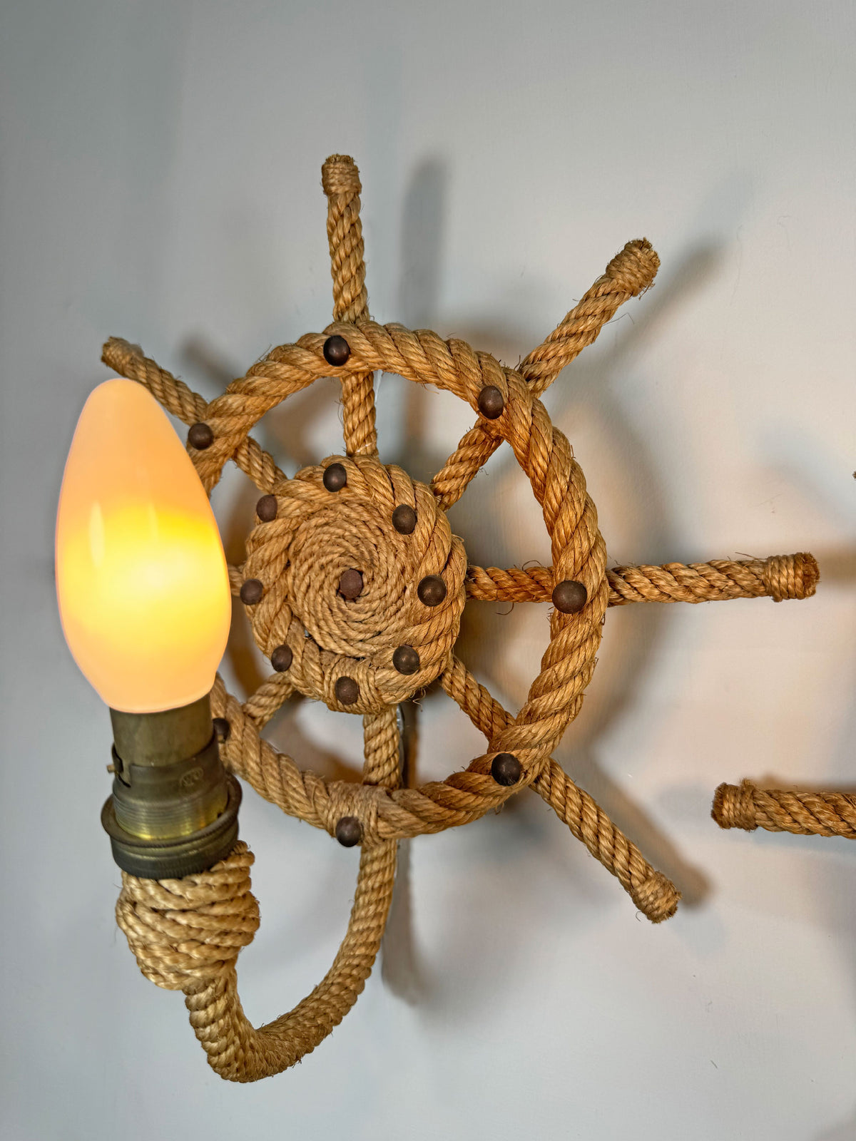 Audoux Minet an Exceptionally Rare Pair of Ships Wheel Rope Wall Lights France 1960's