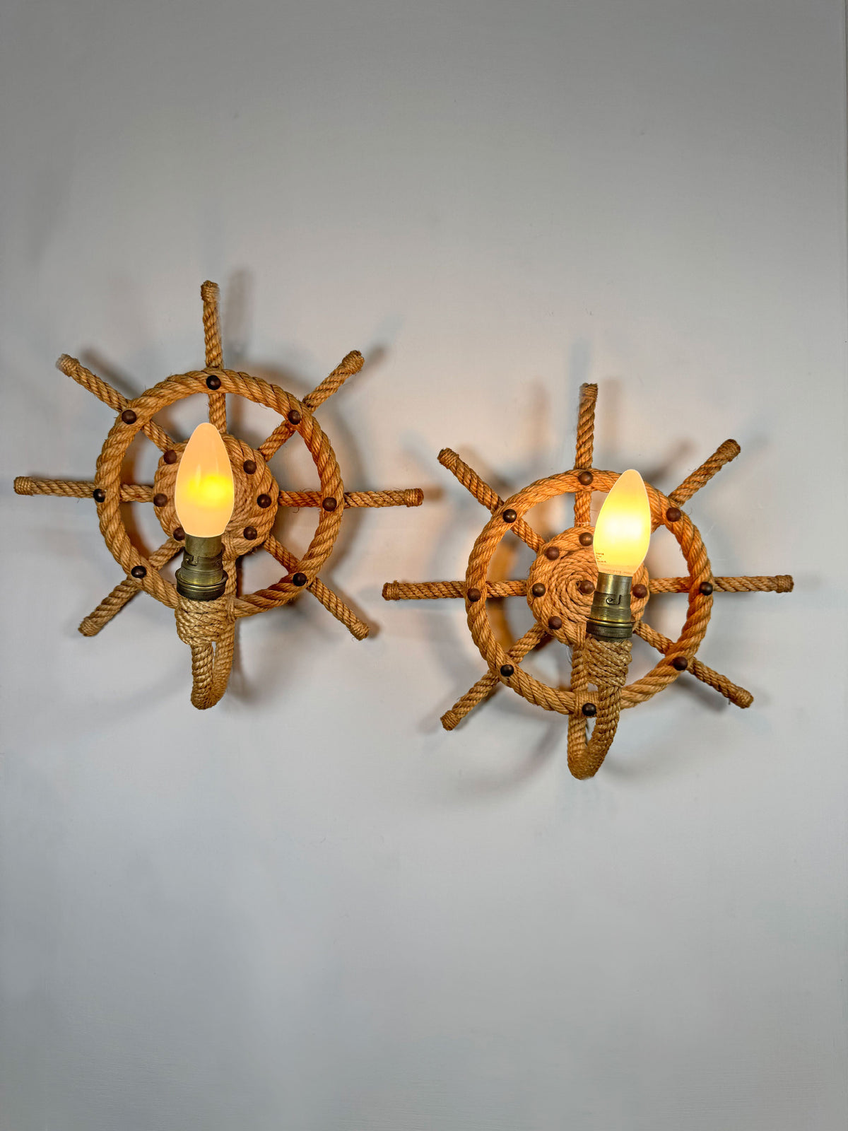 Audoux Minet an Exceptionally Rare Pair of Ships Wheel Rope Wall Lights France 1960's