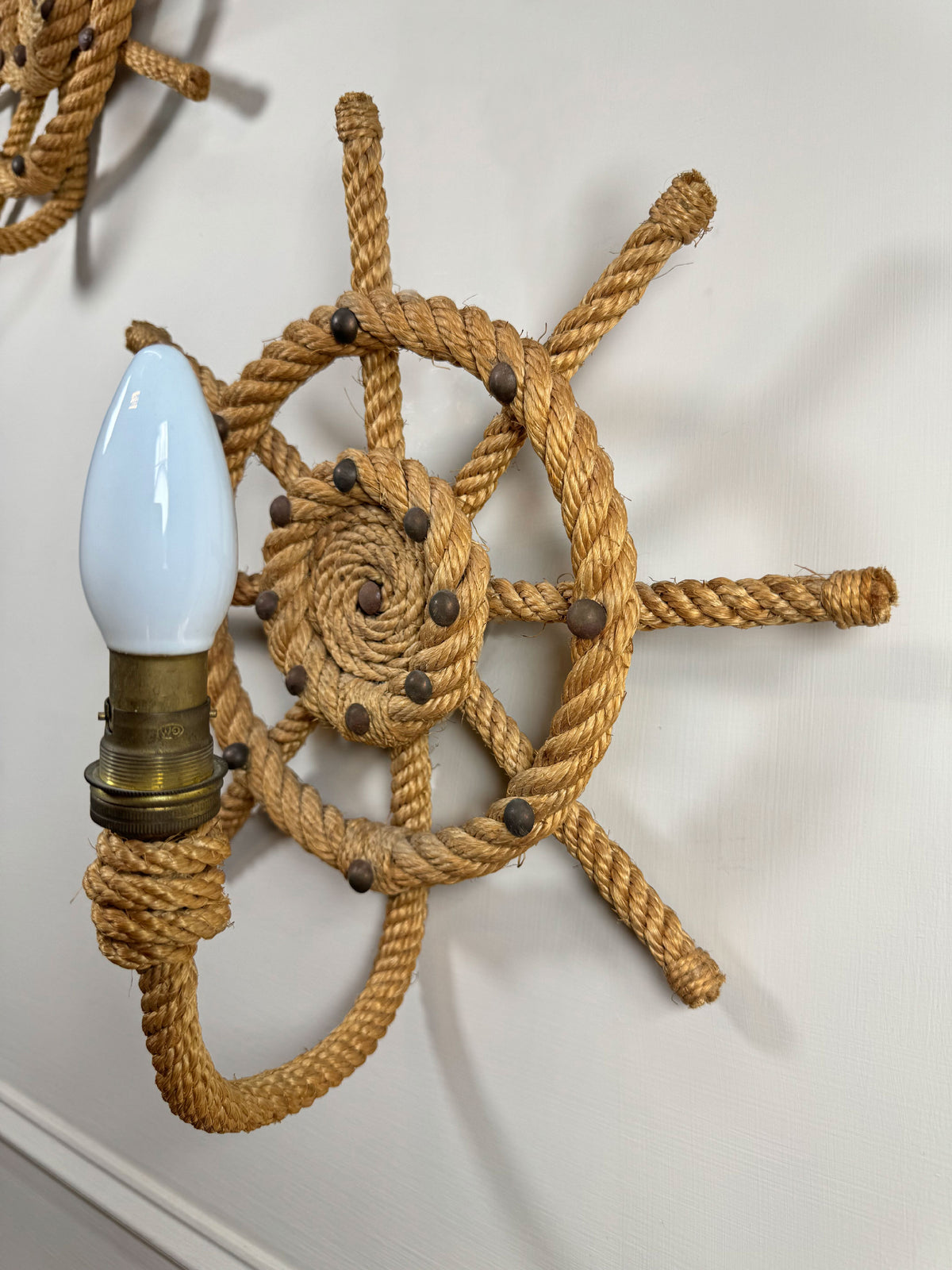 Audoux Minet an Exceptionally Rare Pair of Ships Wheel Rope Wall Lights France 1960's