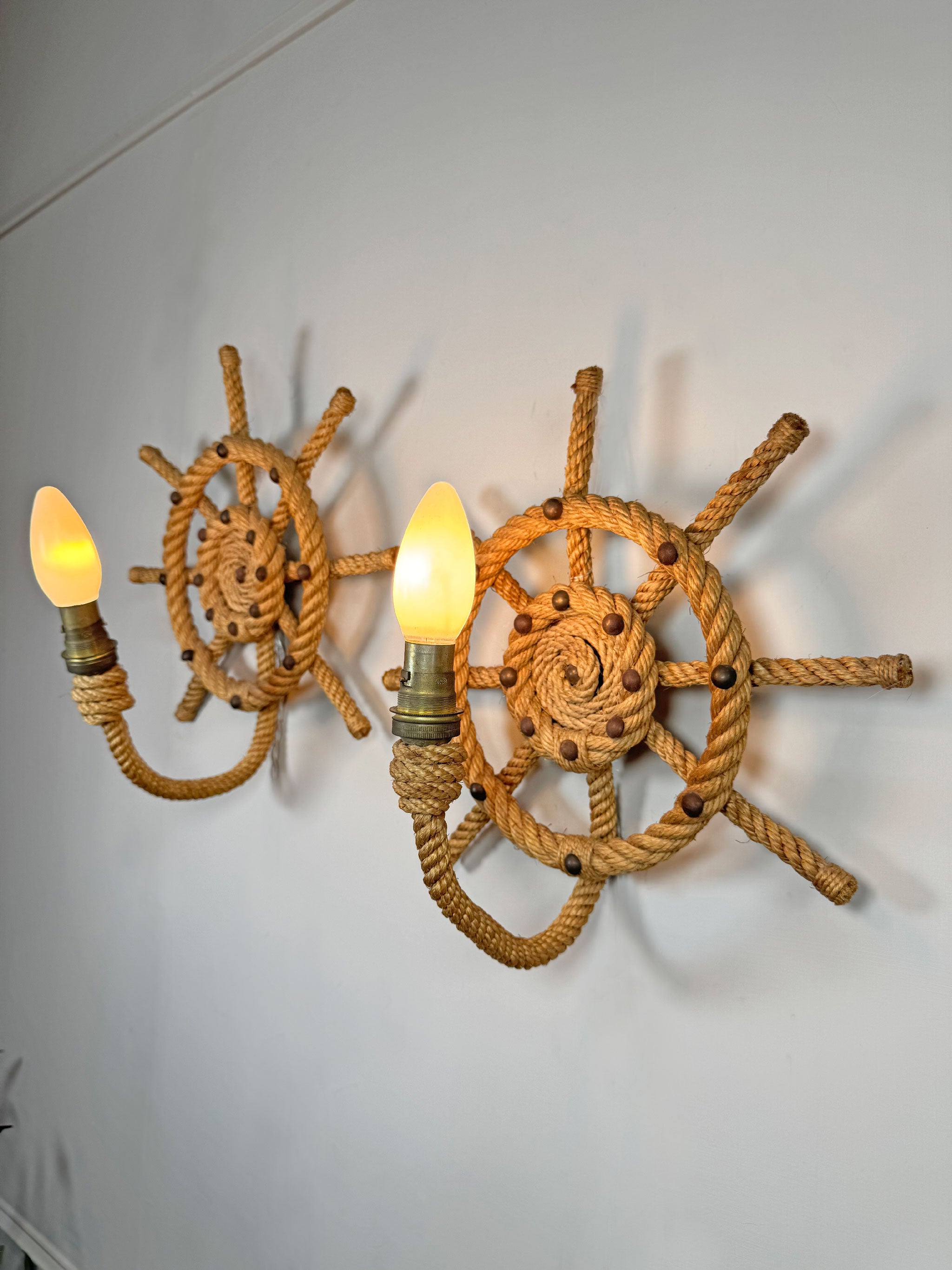 Audoux Minet an Exceptionally Rare Pair of Ships Wheel Rope Wall Lights France 1960's