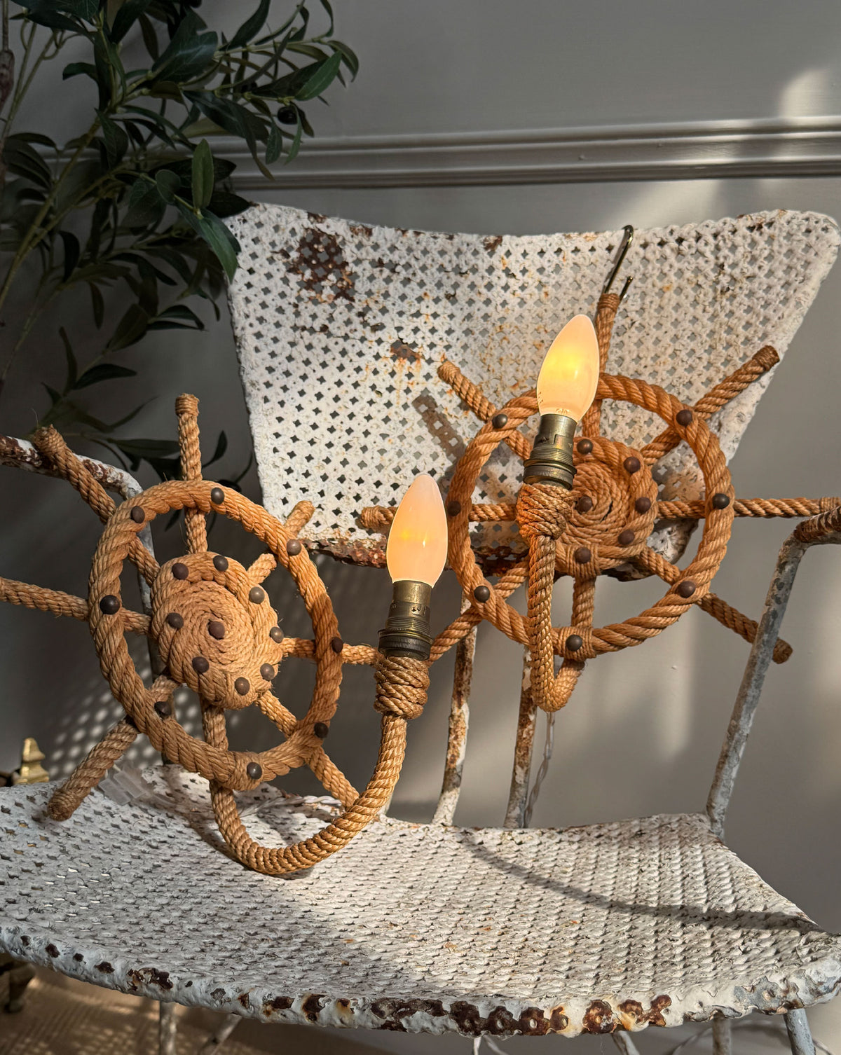 Audoux Minet an Exceptionally Rare Pair of Ships Wheel Rope Wall Lights France 1960's