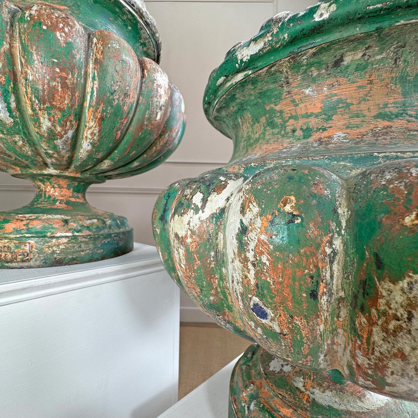 Pair Of French 19th Century Green Cast Iron Garden Urns By Alfred Corneau