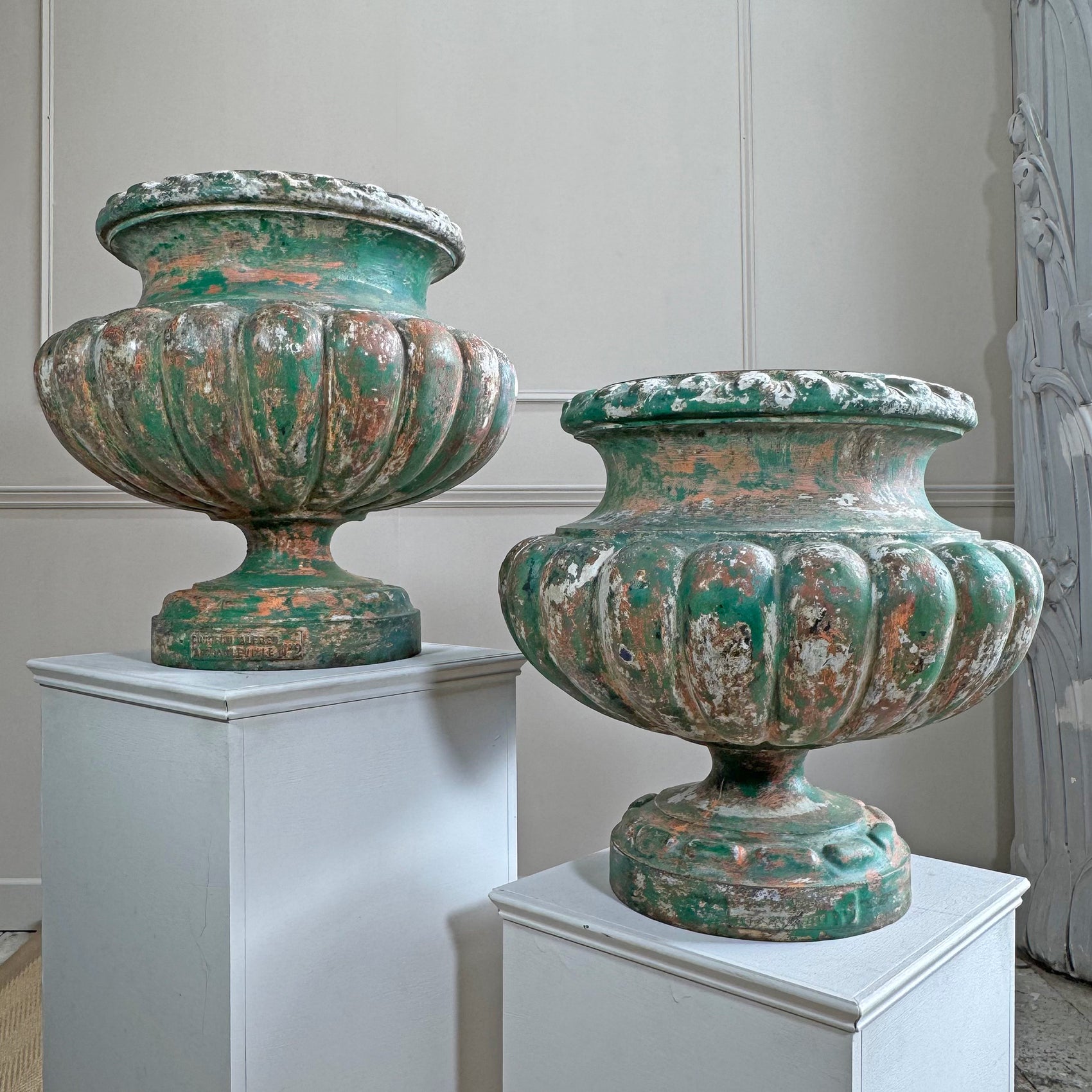Pair Of French 19th Century Green Cast Iron Garden Urns By Alfred Corneau